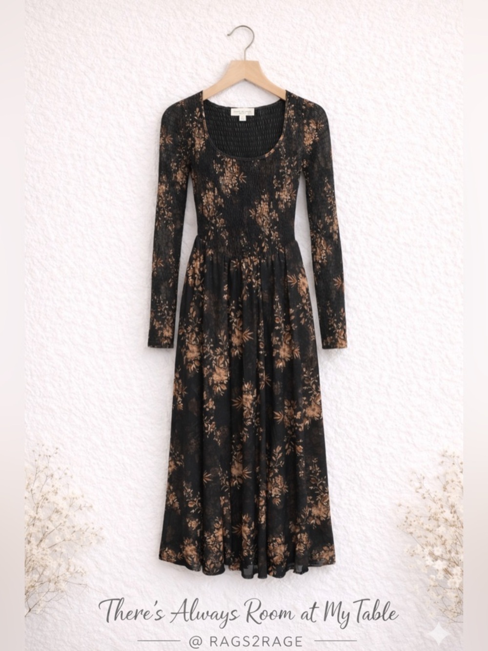Worth Collective Black Floral Maxi Dress Smocked Bodice Medium